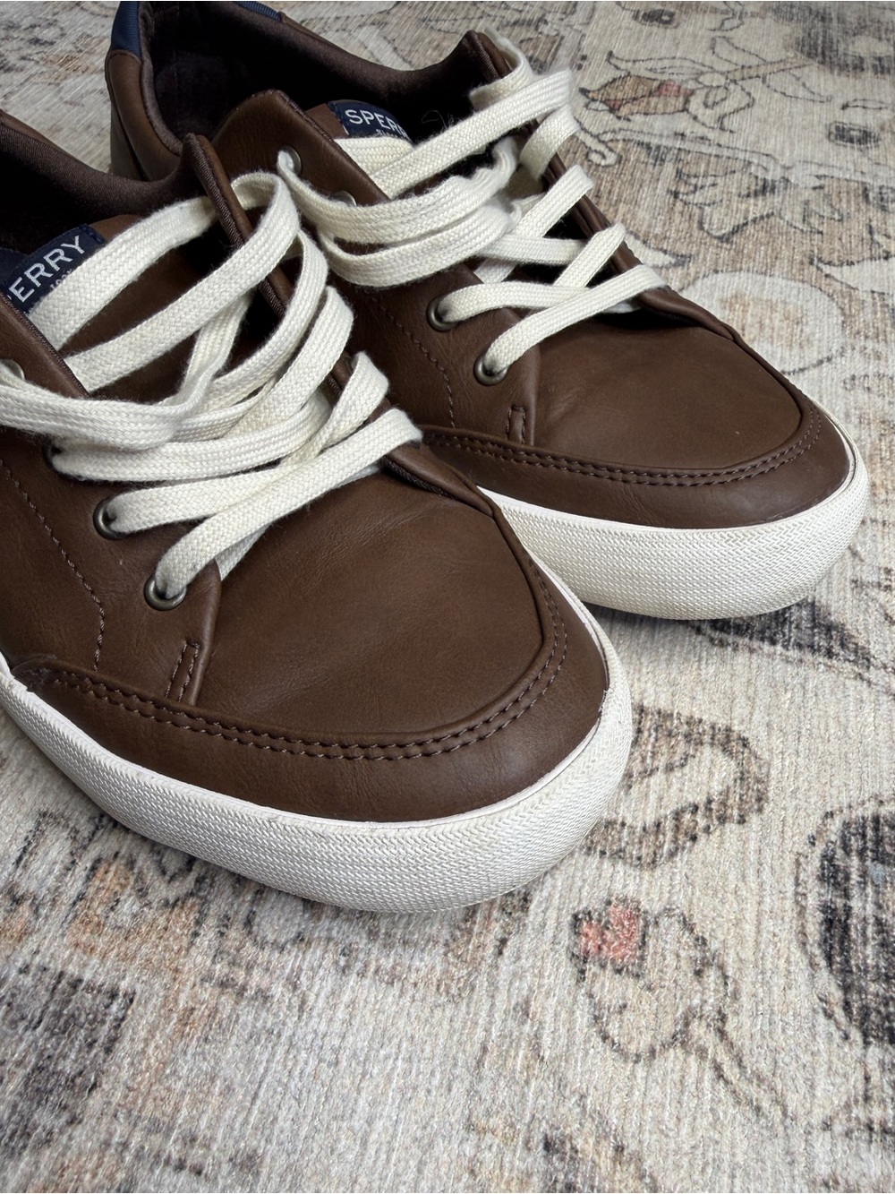 Sperry Brown Leather Boat Sneakers with Cream Laces - Picture 3 of 8